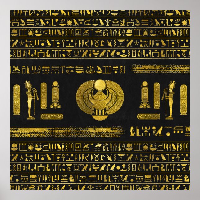 Golden Egyptian Scarab auf schwarzem Leder Poster (Vorne)