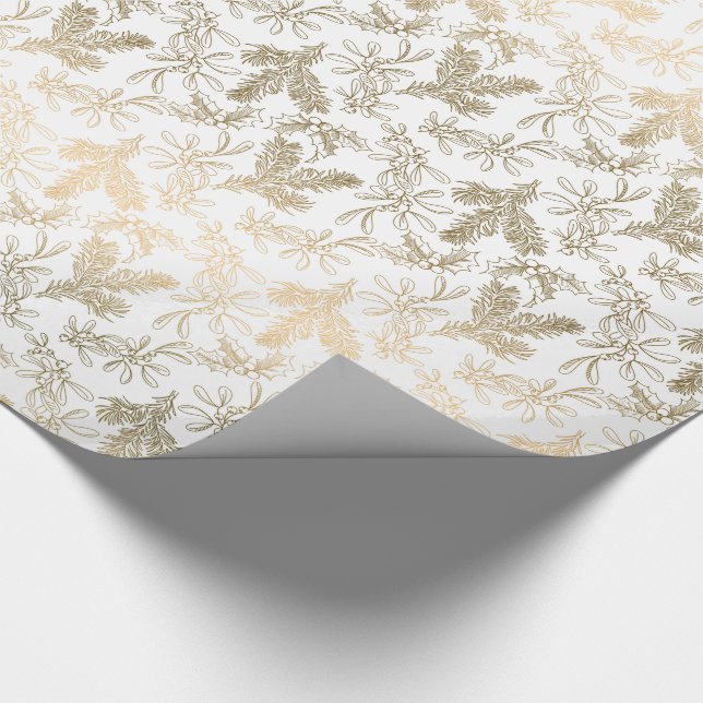 Golden Elegance Graved Holly, Pine and Mistletoe Geschenkpapier (Ecke)