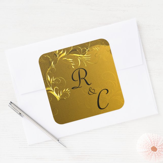 Golden Elegance Wedding Monogramme Quadratischer Aufkleber (Umschlag)