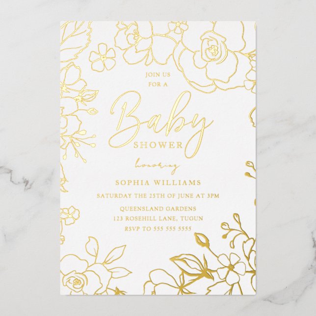 Golden Elegante Baby Dusche Blume Real Gold Folieneinladung (Vorderseite)