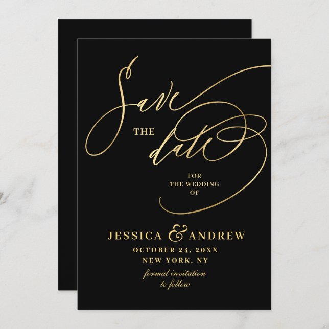 Golden Elegante Calligrafy Wedding Save the Date (Vorne/Hinten)