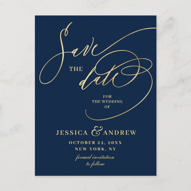 Golden Elegante Calligrafy Wedding Save the Date Postkarte (Vorderseite)