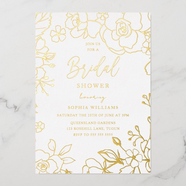 Golden Elegantes Brautparty Blume Folieneinladung (Vorderseite)