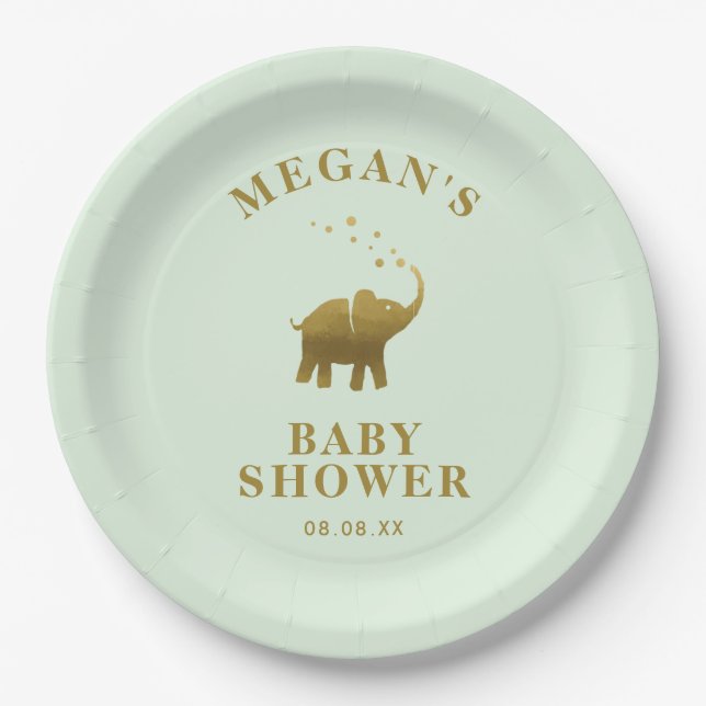 Golden Elephant Mint Green Baby Dusche Pappteller (Vorderseite)