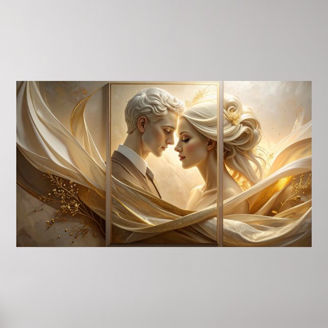 Golden Embrace: Ethereal Couple Portrait in Silk a Poster (Vorne)