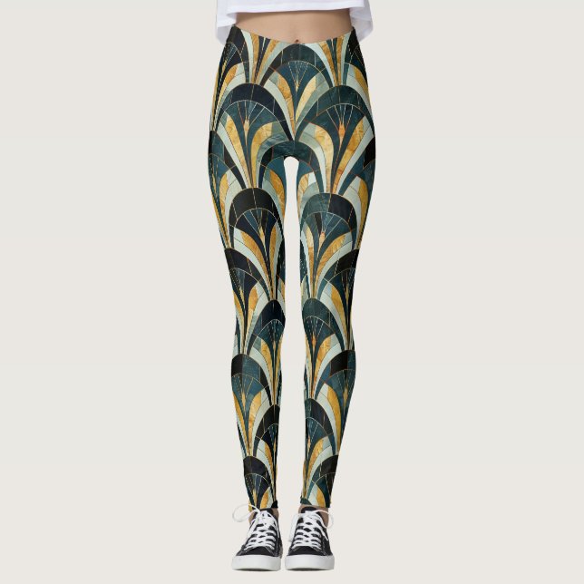 Golden Emerald Art Deco Fan Gemustert Leggings (Vorderseite)
