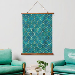 Golden Emerald Geometry Wandteppich Mit Holzrahmen