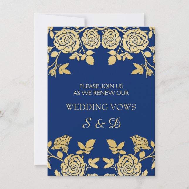 Golden English Rose auf Blue Vow Renewal Einladung (Vorderseite)