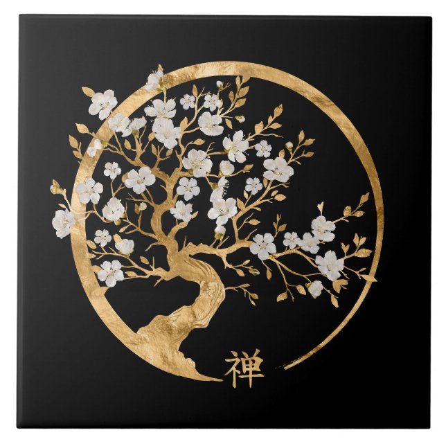 Golden Enso Zen Circle Sakura Fliese (Vorderseite)