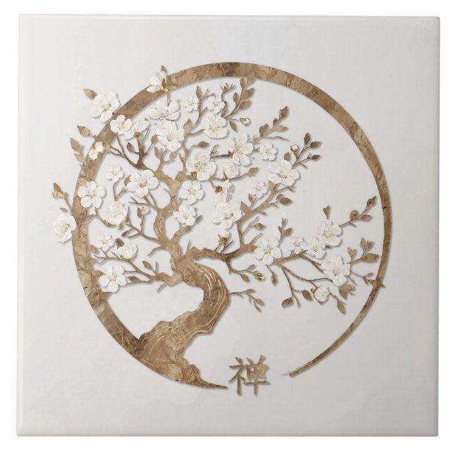 Golden Enso Zen Circle Sakura Fliese (Vorderseite)