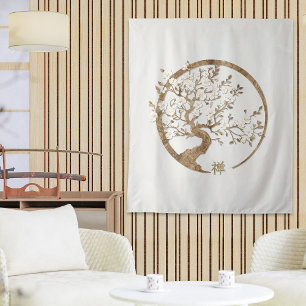 Golden Enso Zen Circle Sakura Wandteppich