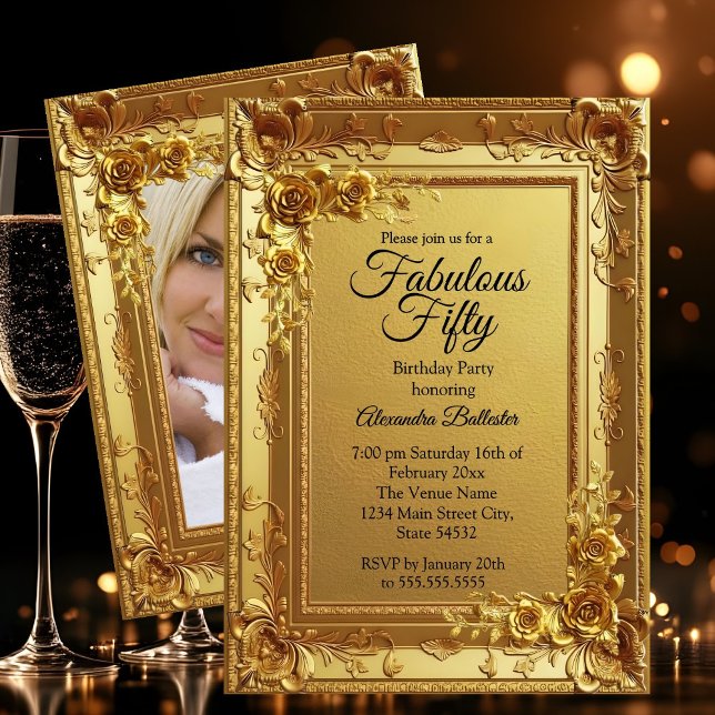 Golden Fabulous Elegant Birthday Photo Gold Floral Einladung (Von Creator hochgeladen)