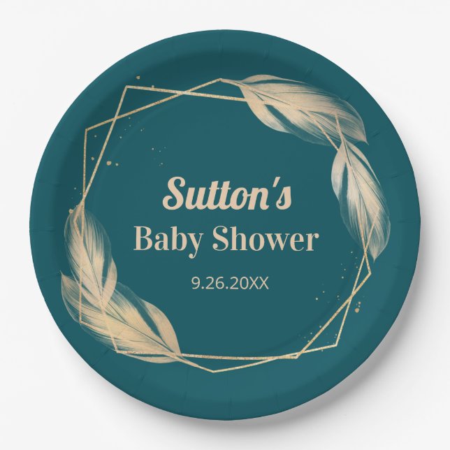 Golden Feathers on Aquamarin Baby Shower Pappteller (Vorderseite)
