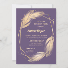 Golden Feathers on Plum Birthday Party Einladung