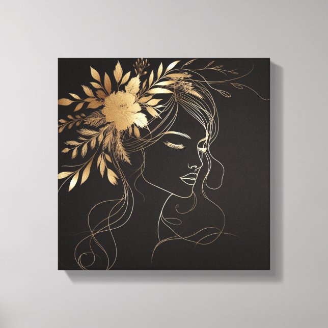 Golden Feminine Line Art Face with Floral Crown Leinwanddruck (Vorderseite)