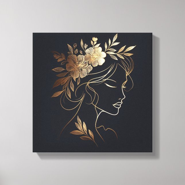 Golden Feminine Line Art Portrait with Floral Crow Leinwanddruck (Vorderseite)