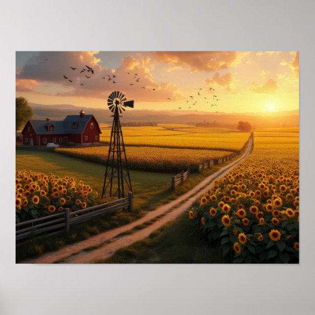Golden Fields: Sunflowers and Serenity at Sunset Poster (Vorne)