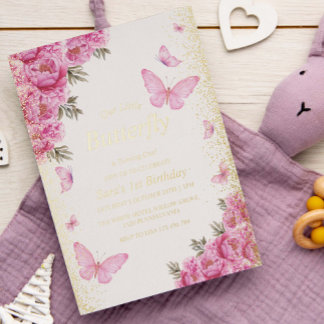 Golden First 1. Geburtstag Pink Butterfells Folieneinladung