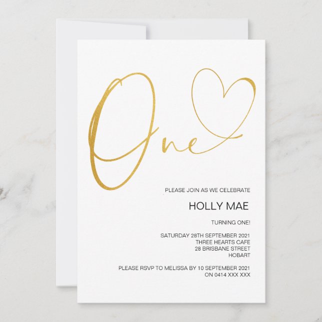 Golden First Birthday Einladung 1. Geburtstag Herz (Vorderseite)