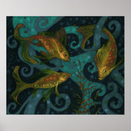 Golden Fish Underwater Animals Painting Black Aqua Poster