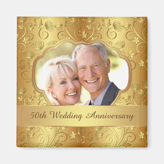 Golden floral 50. Hochzeitstag Foto Magnet (Vorne)
