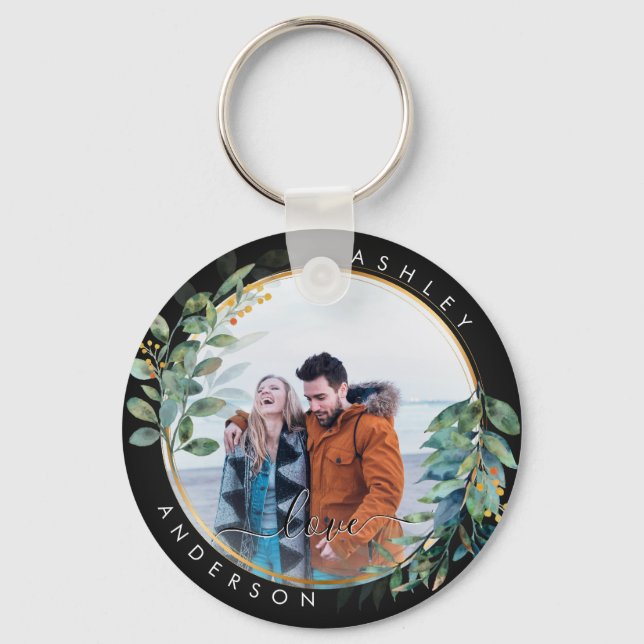 Golden Floral Botanisches Grünes Paar Wasserfarbe Schlüsselanhänger (Vorderseite)