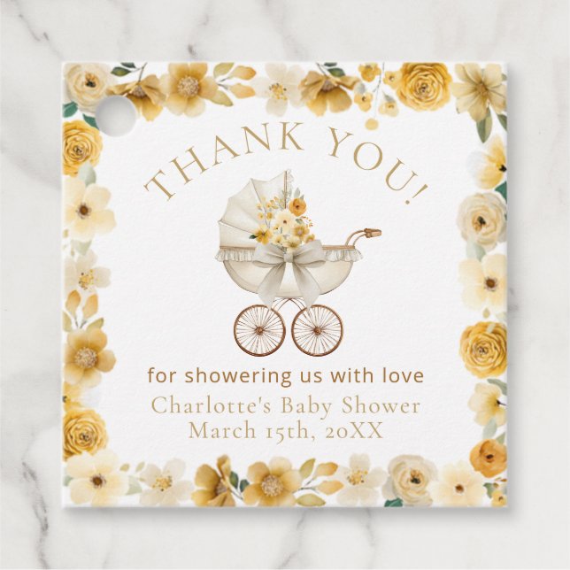 Golden Floral Carriage Thank You | Baby Shower Geschenkanhänger (Vorderseite)