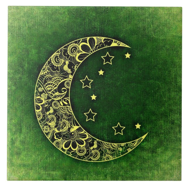 Golden Floral Crescent Moon and Stars on Green Fliese (Vorderseite)