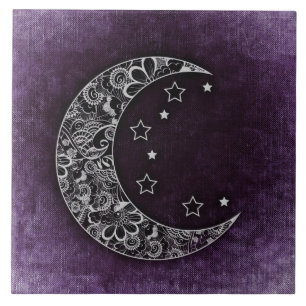 Golden Floral Crescent Moon and Stars on Lila Fliese