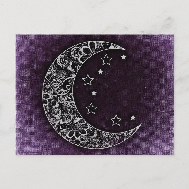 Golden Floral Crescent Moon and Stars on Lila Postkarte (Vorderseite)