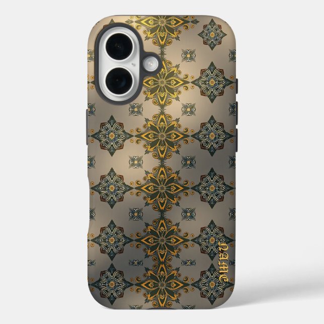 Golden Floral Damask auf Grau Case-Mate iPhone Hülle (Rückseite)