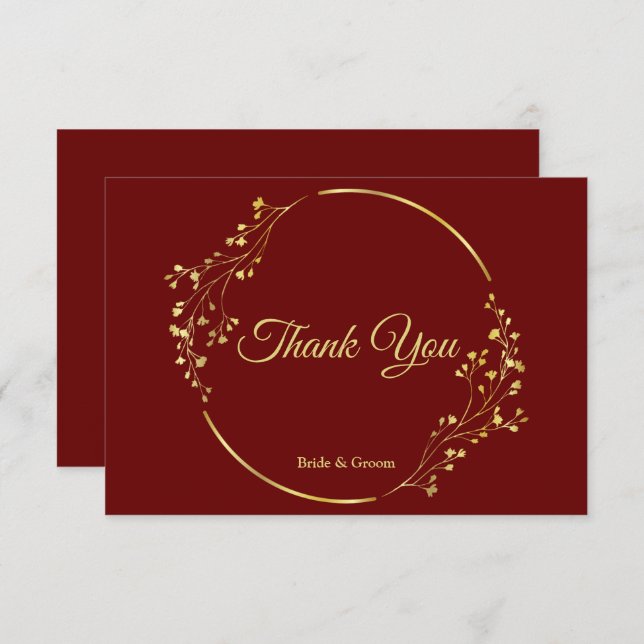 Golden Floral Geometric Wreath Red Wedding Dankeskarte (Vorne/Hinten)