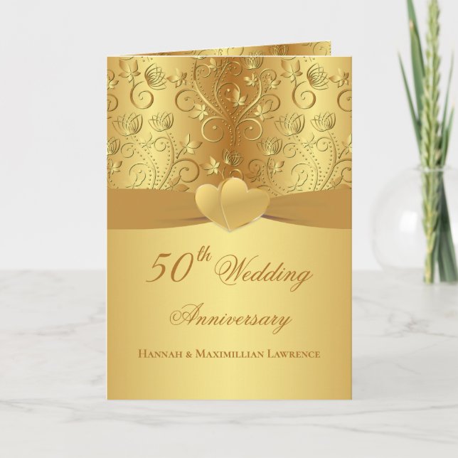 Golden Floral Hearts 50. Hochzeitstag Karte (Vorderseite)