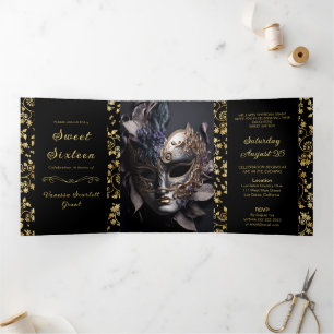 Golden Floral Masquerade Sweet 16 Party Einladunge Dreifach Gefaltete Einladung