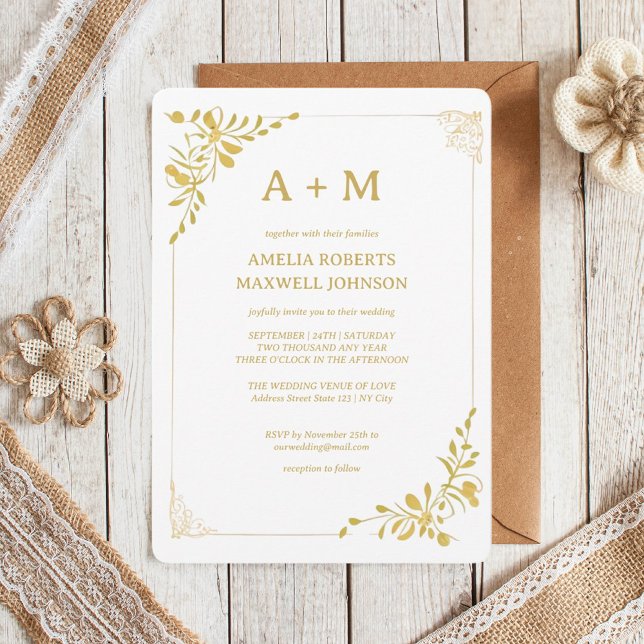 Golden Floral Minimalistischer Hochzeitsempfang Einladung (Von Creator hochgeladen)