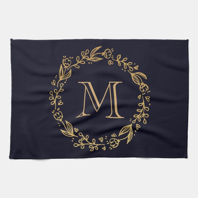 Golden Floral Monogram Geschirrtuch (Horizontal)