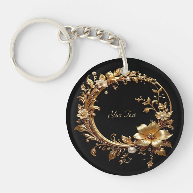 Golden Floral Ornate Frame Keychain Schlüsselanhänger (Vorderseite)