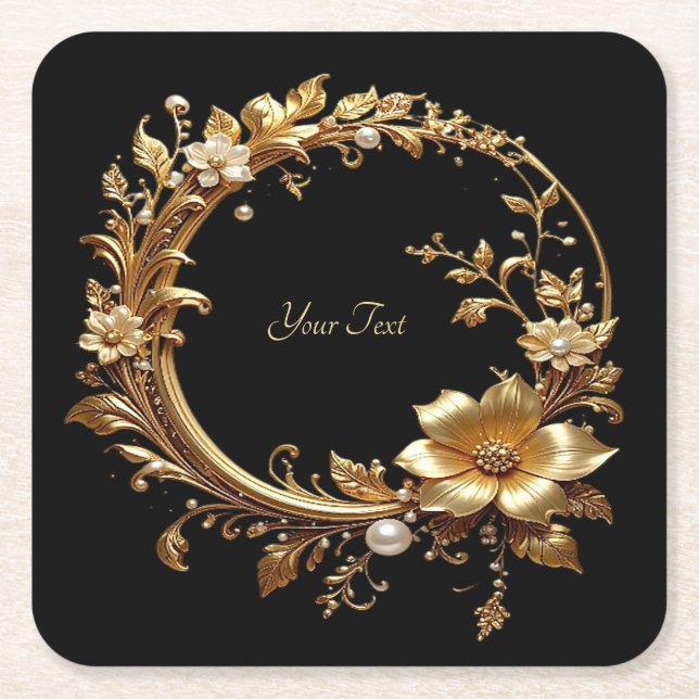Golden Floral Ornate Frame Paper Coaster Rechteckiger Pappuntersetzer (Vorderseite)
