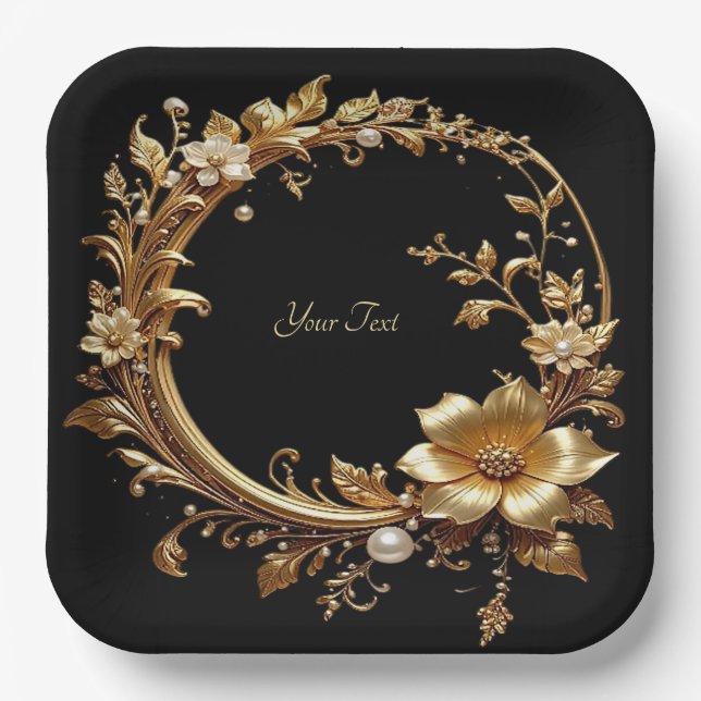 Golden Floral Ornate Frame Paper Plate Pappteller (Vorderseite)