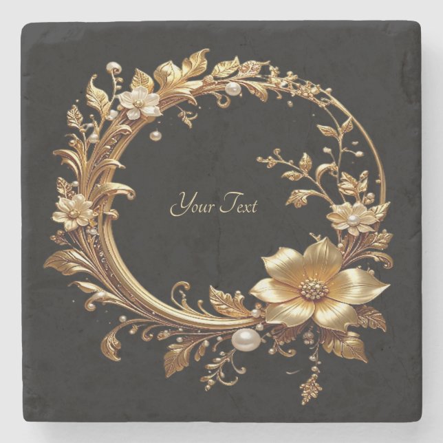 Golden Floral Ornate Frame Stone Coaster Steinuntersetzer (Vorderseite)