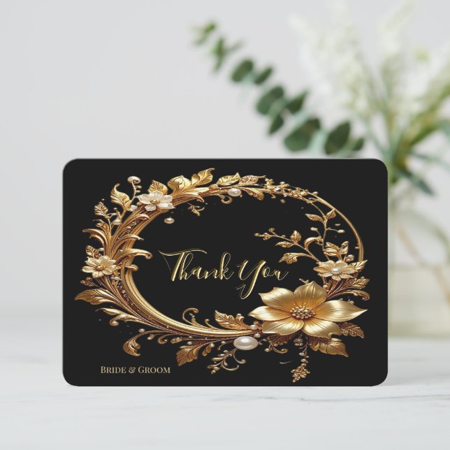 Golden Floral Ornate Frame Thank You Card Dankeskarte (Stehend Vorderseite)