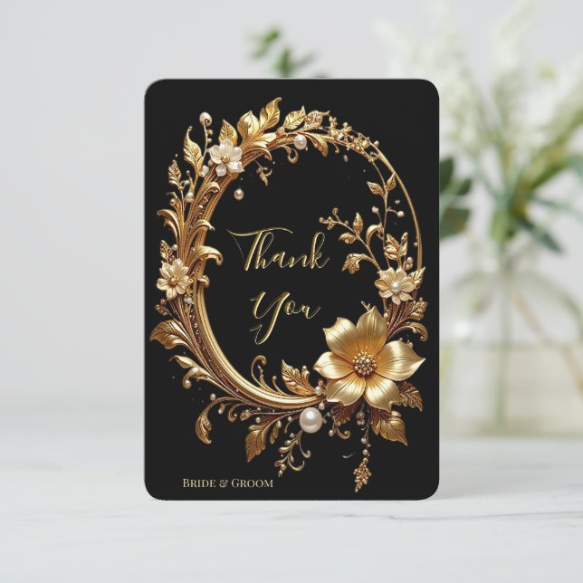 Golden Floral Ornate Frame Thank You Card Dankeskarte (Stehend Vorderseite)