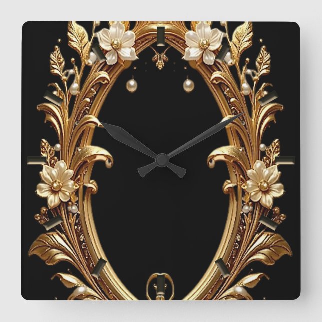 Golden Floral Ornate Frame Wall Clock Quadratische Wanduhr (Vorderseite)