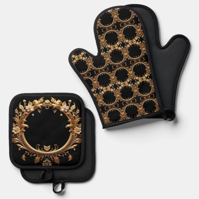 Golden Floral Ornate Oven Mitt & Pot Holder Set (Vorderseite/Rückseite)