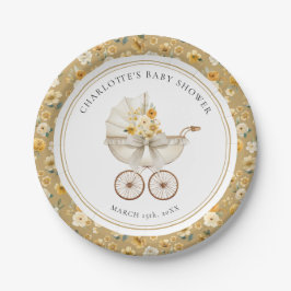 Golden Floral Pram Baby Shower Plate Pappteller