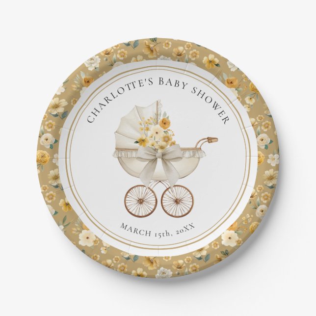 Golden Floral Pram Baby Shower Plate Pappteller (Vorderseite)