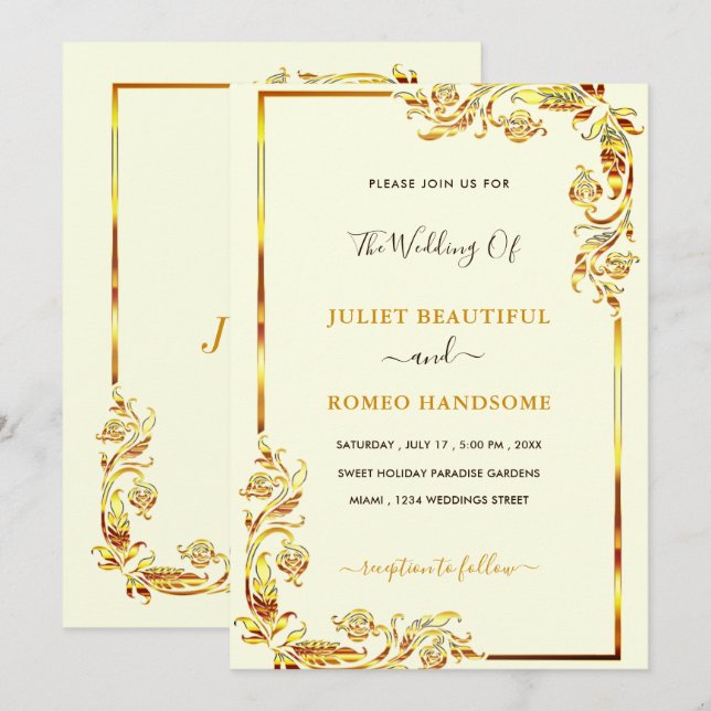 Golden Floral Rahmen Hochzeitsempfang Luxury Gold (Vorne/Hinten)