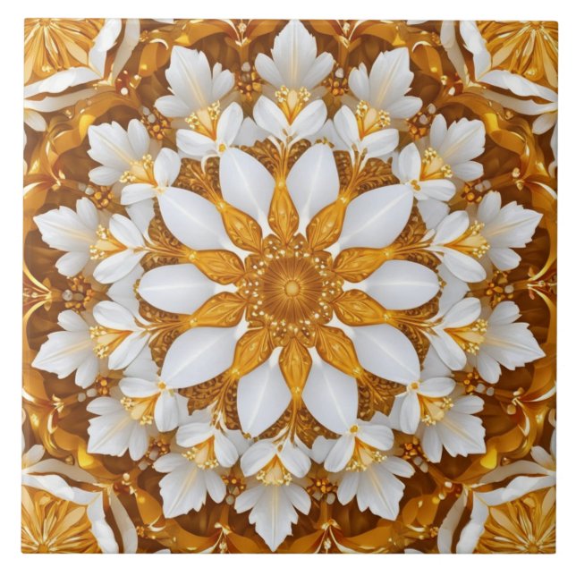 Golden Floral Snowflake Kaleidoskop Fliese (Vorderseite)