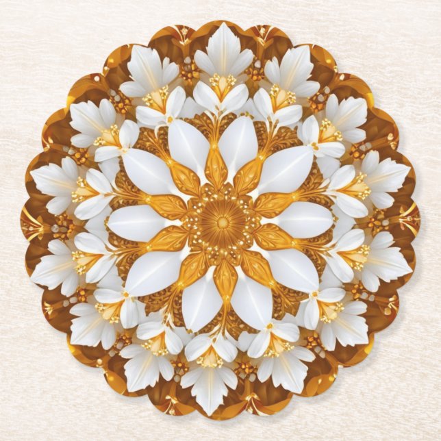 Golden Floral Snowflake Kaleidoskop Untersetzer (Vorderseite)