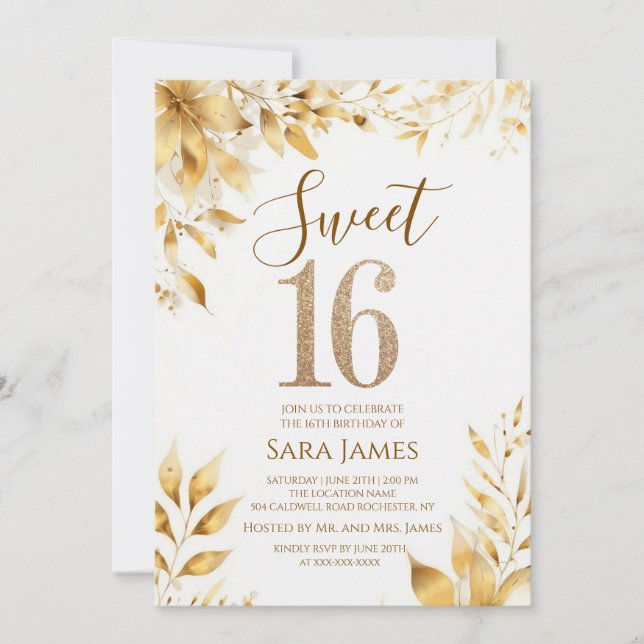 Golden Floral Sweet 16 Birthday Invitation Einladung (Vorderseite)